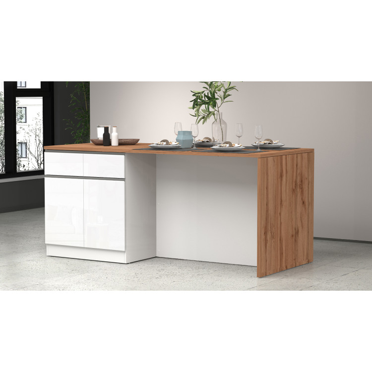 Îlot de cuisine moderne 200 cm blanc brillant/chêne wotan Solena