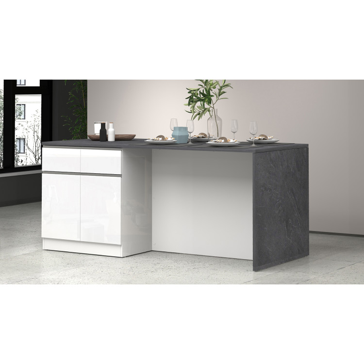 Îlot de cuisine moderne 200 cm blanc brillant/béton Solena