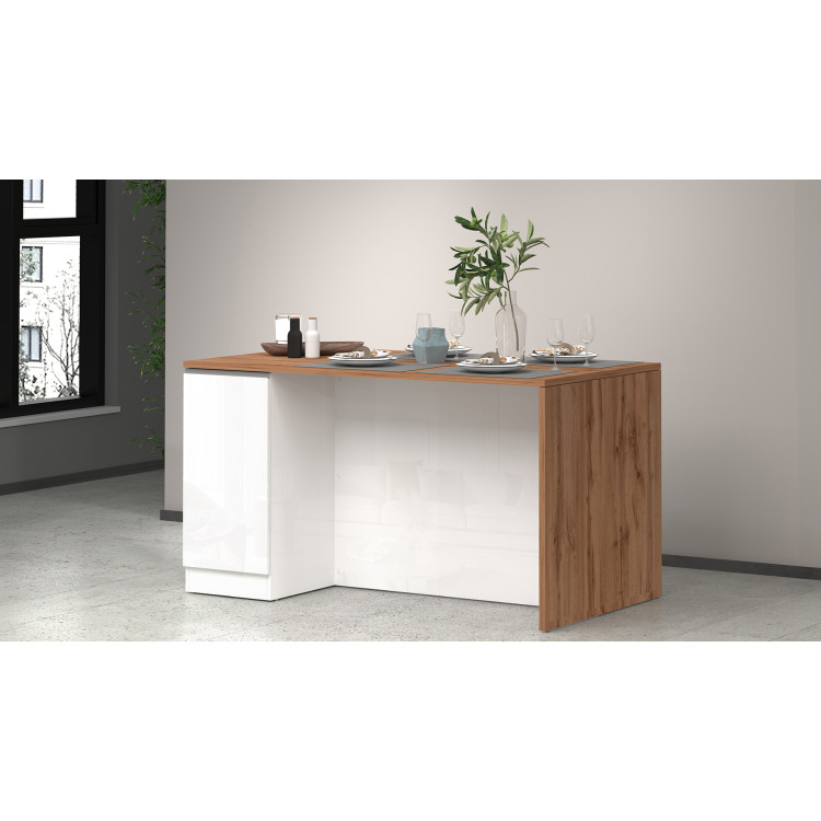 Îlot de cuisine moderne 2 portes blanc brillant/chêne wotan Solena