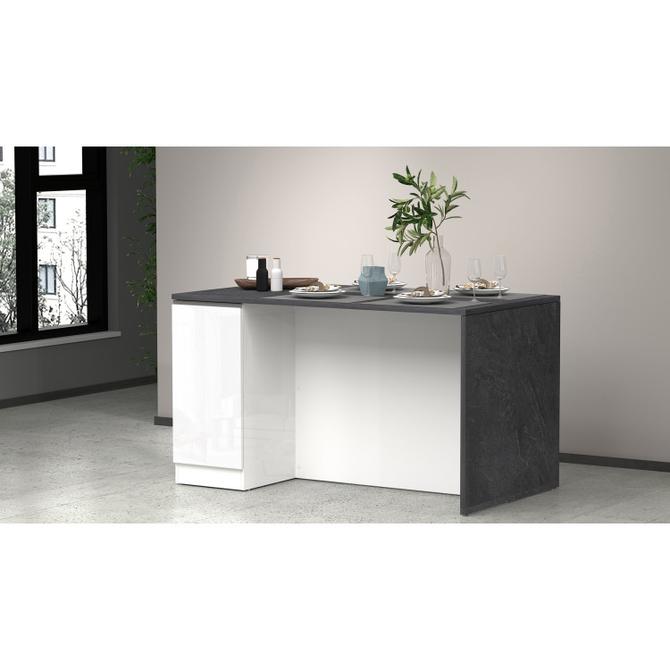 Îlot de cuisine moderne 2 portes blanc brillant/béton Solena