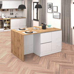 Îlot de cuisine moderne 153 cm blanc brillant/chêne wotan Solena