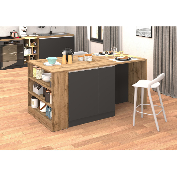 Îlot de cuisine moderne 168 cm anthracite mat/chêne wotan Solena