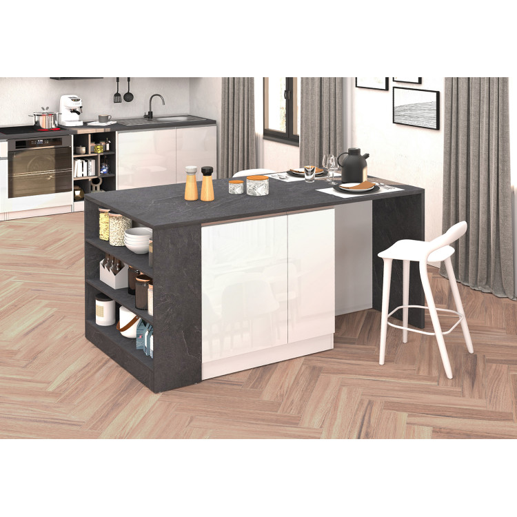 Îlot de cuisine moderne 168 cm blanc brillant/béton Solena