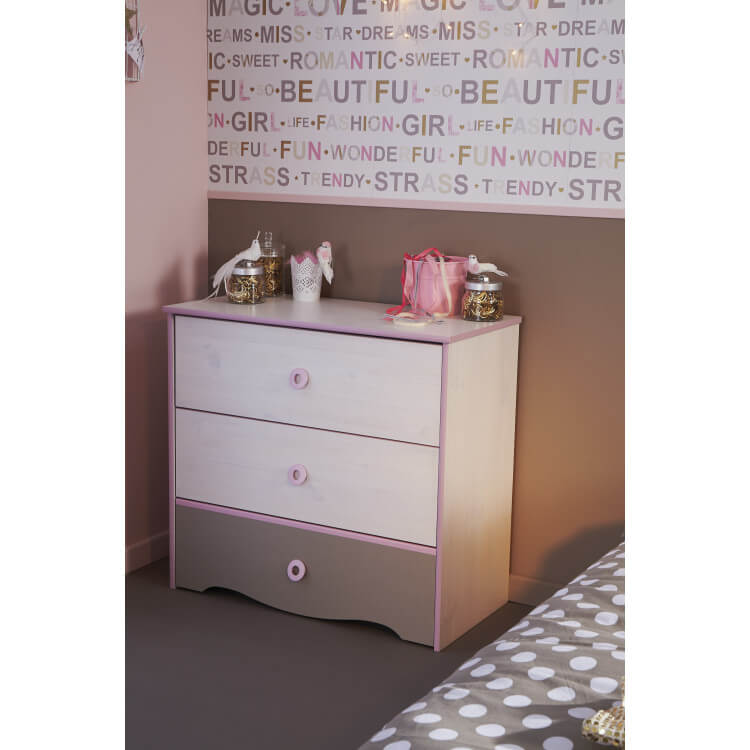 Commode enfant contemporaine pin memphis, rose et gris Aquarelle