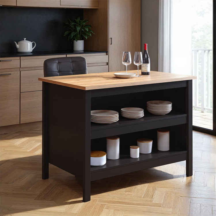 Îlot de cuisine contemporain central noir/chêne Helena