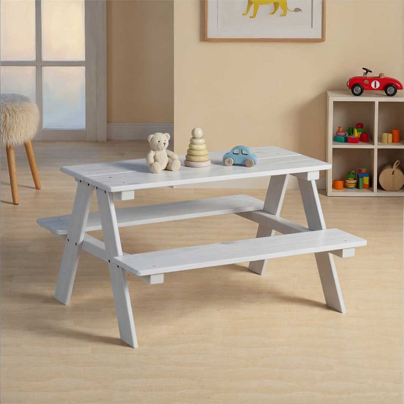 Table et banc enfant contemporain en pin massif Romuald Blanc — Blanc