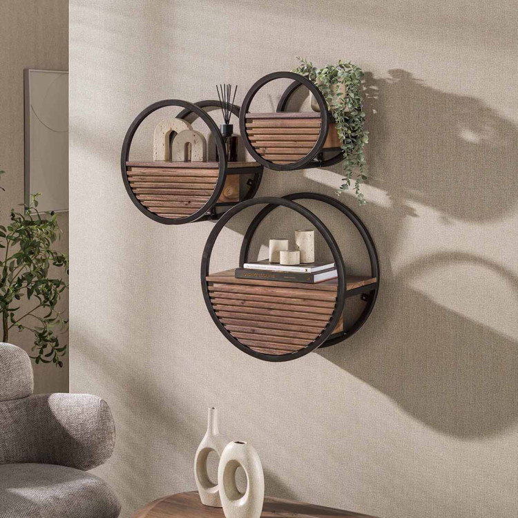 Etagère murale industrielle Ø 40 cm en acacia massif brun Circus