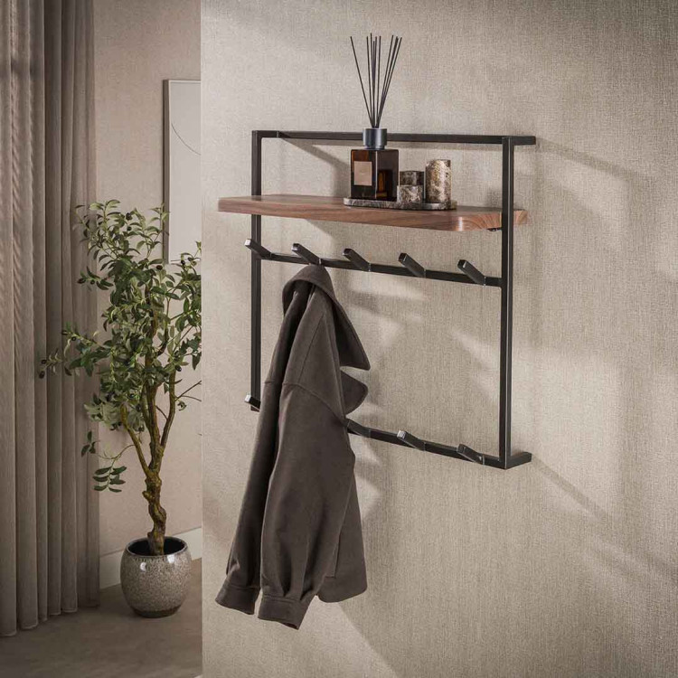 Portemanteau mural industriel 12 crochets en acacia massif Harry