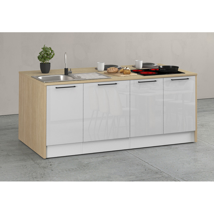 Îlot de cuisine moderne 200 cm blanc brillant/chêne Louna