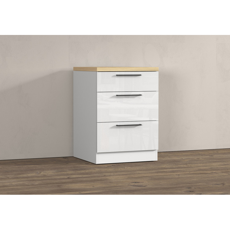 Meuble bas 3 tiroirs de cuisine moderne blanc brillant/chêne Louna