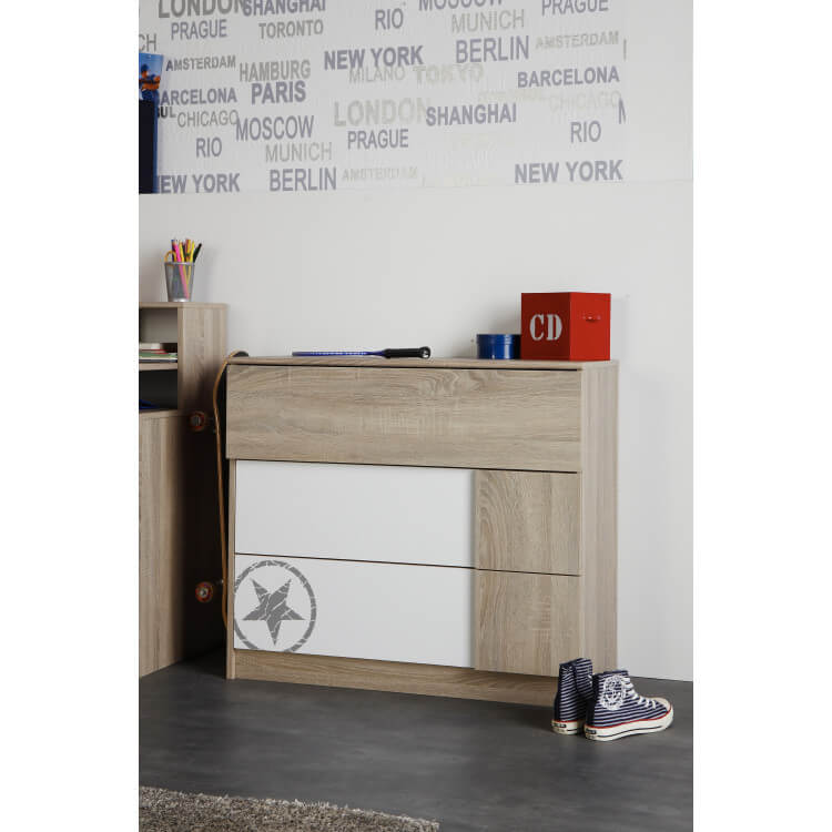 Commode enfant contemporaine 3 tiroirs chêne brut/blanche Sportwear