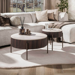 Lot de 2 tables basses rondes style nature bois et céramique Cervane