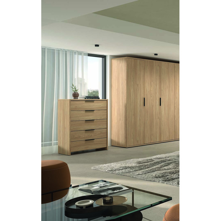 Commode contemporaine 5 tiroirs coloris acacia Gladys