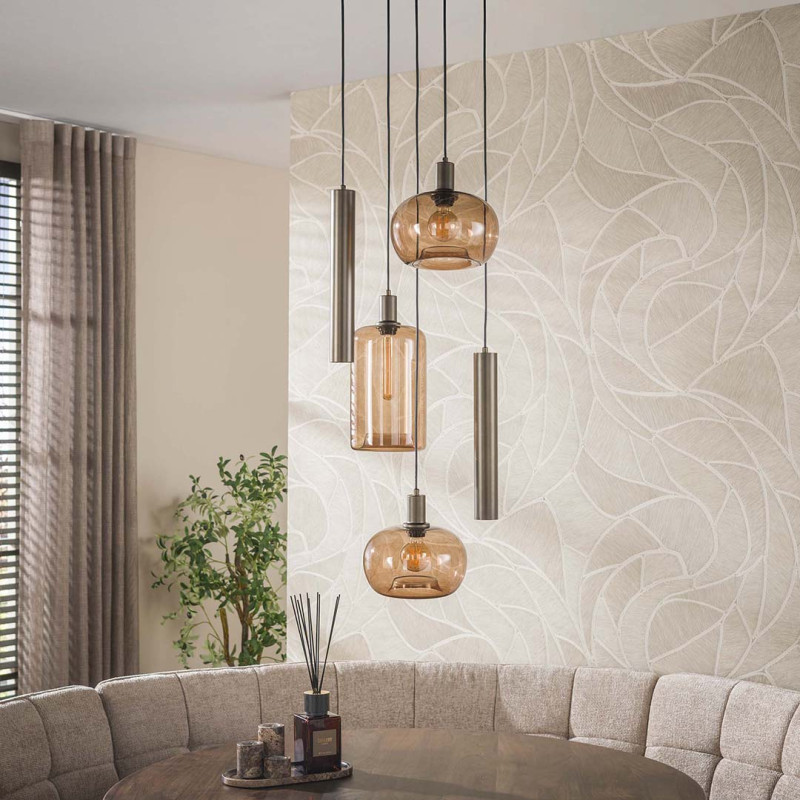 Suspension industrielle en m&eacute;tal brun 5 lampes Siria