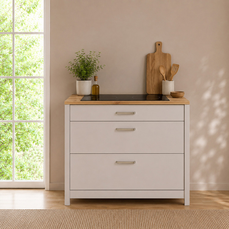 Meuble bas de cuisine 3T contemporain chêne/cachemire Mylena