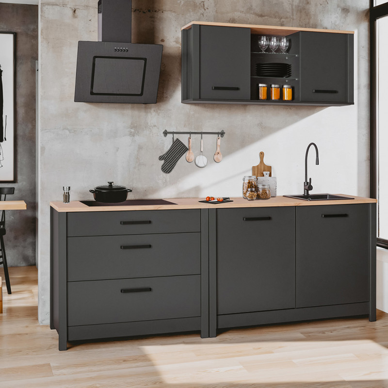 Meuble bas de cuisine 3T contemporain chêne/anthracite Mylena Anthracite/chêne — Anthracite