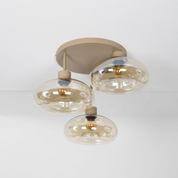 Plafonnier moderne 3 lampes métal beige/verre ambré Siria