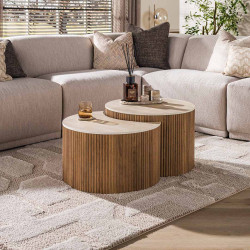 Lot de 2 tables basses modernes en acacia massif brun clair Ceramic