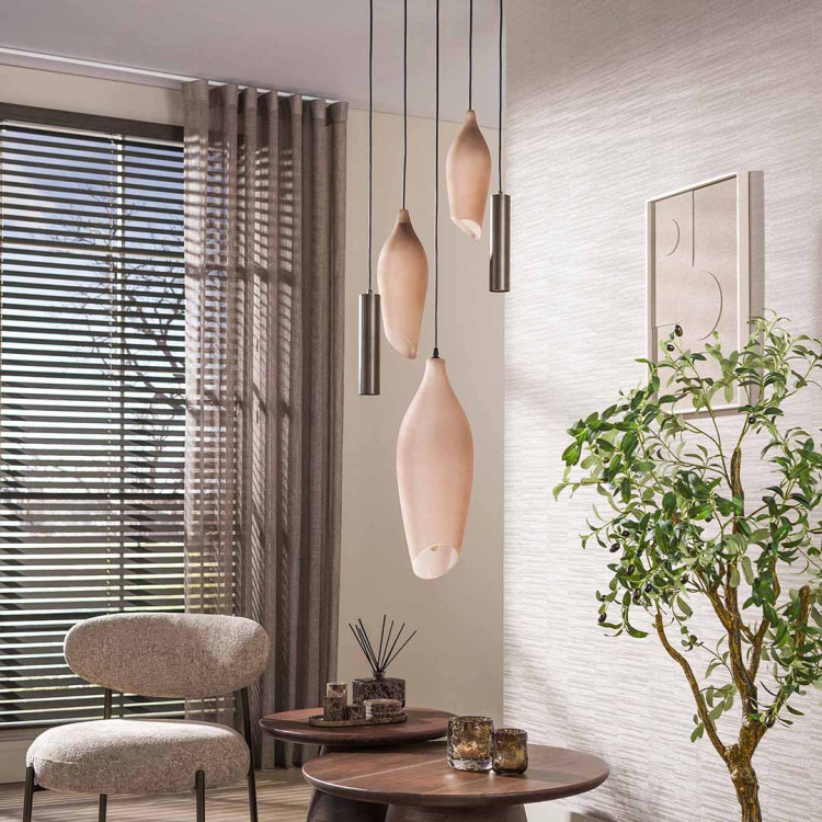 Suspension moderne métal et verre fumé 5 lampes Cocoon