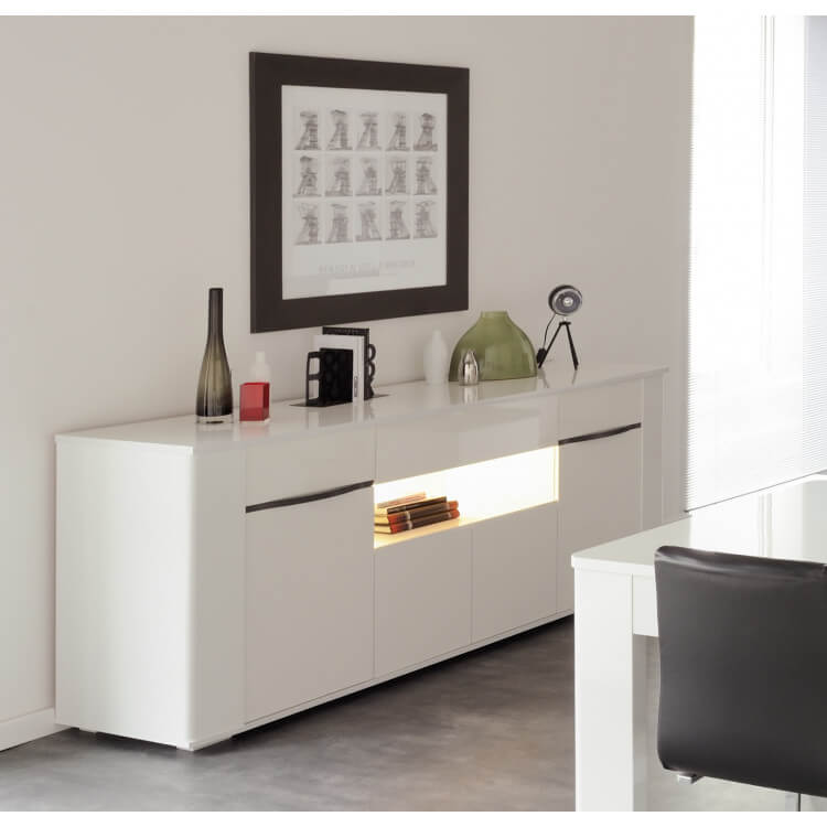 Buffet/bahut design 4 portes/1 tiroir blanc/blanc brillant Cezanne