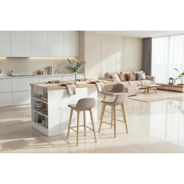 Îlot de cuisine 2 portes avec niches blanc laqué/chêne Iseult