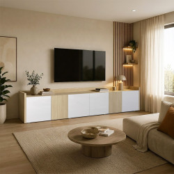 Meuble TV moderne 220 cm blanc brillant/chêne chopin Ormel