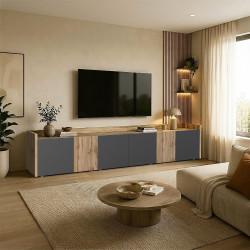 Meuble TV moderne 220 cm anthracite mat/chêne wotan Ormel