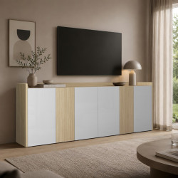 Buffet/bahut moderne 220 cm blanc brillant/chêne chopin Ormel