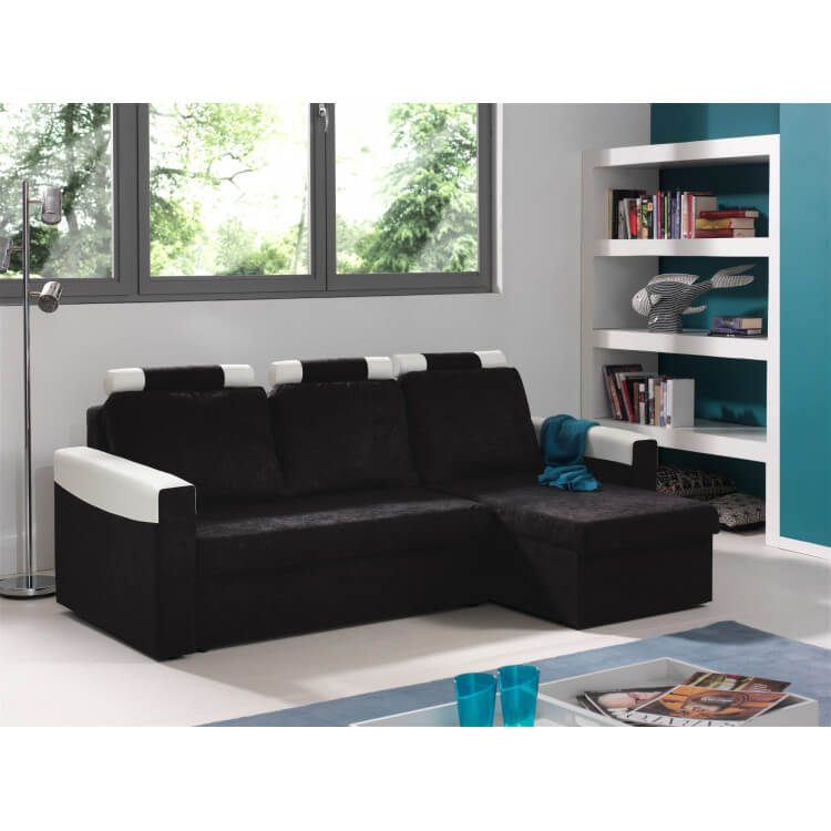 Canapé d'angle convertible réversible microfibre noire/PVC blanc Joachim