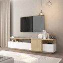 Meuble TV moderne 210 cm blanc brillant/ch&ecirc;ne chopin Sorvan