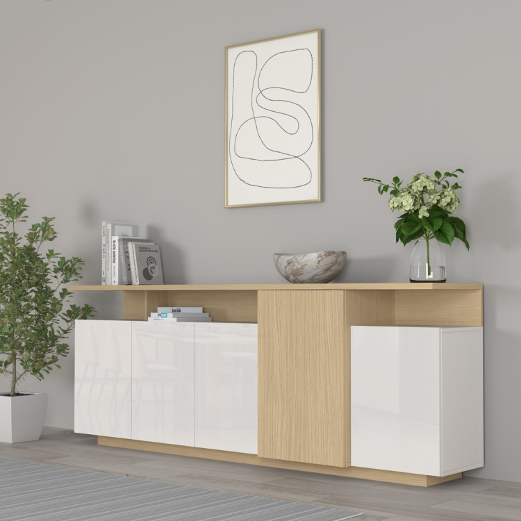 Buffet/bahut moderne 210 cm blanc brillant/chêne chopin Sorvan