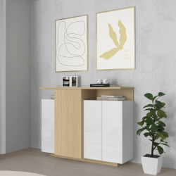 Buffet haut moderne 130 cm blanc brillant/chêne chopin Sorvan