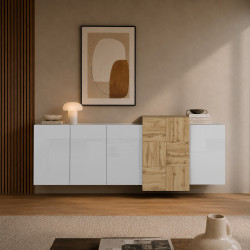Buffet/bahut moderne 210 cm blanc brillant/chêne wotan Veltis