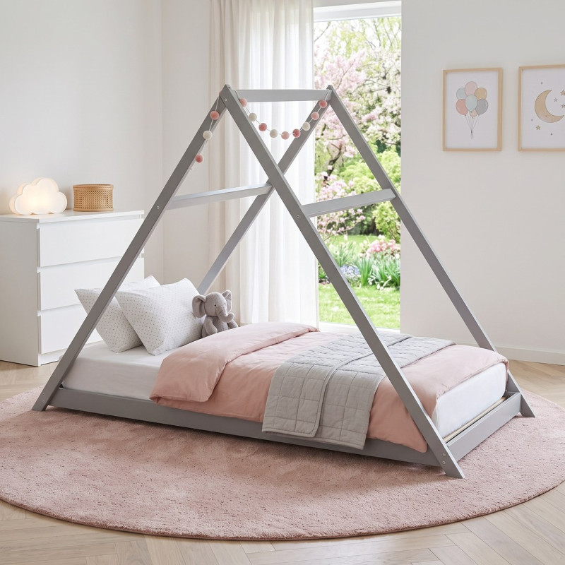 Lit cabane triangle enfant épicéa massif gris avec sommier Refuge Lit cabane triangle enfant épicéa massif gris avec sommier Refuge