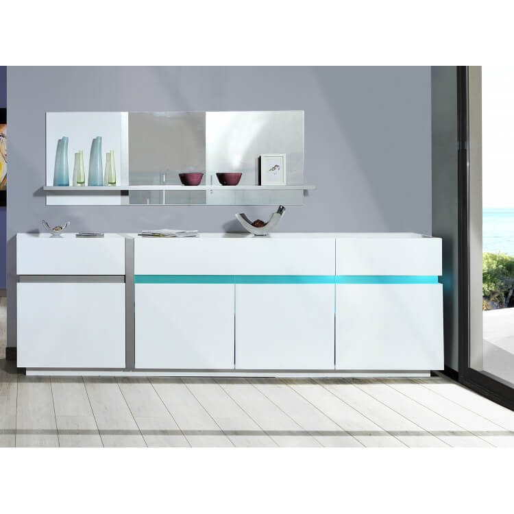 Buffet/bahut design 4 portes/2 tiroirs blanc laqué avec éclairage Joss