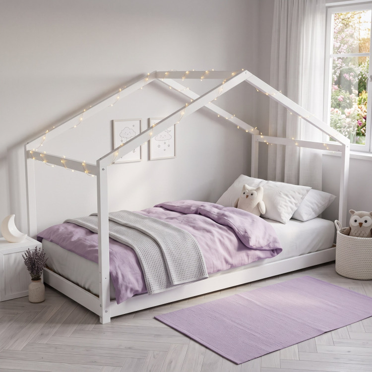 Lit cabane maison enfant épicéa massif blanc avec sommier Hameau