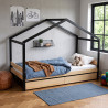 Lit cabane enfant épicéa massif noir et naturel 2 tiroirs Lucarne