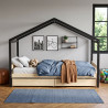 Lit cabane enfant épicéa massif noir et naturel 2 tiroirs Lucarne