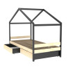 Lit cabane enfant épicéa massif noir et naturel 2 tiroirs Lucarne