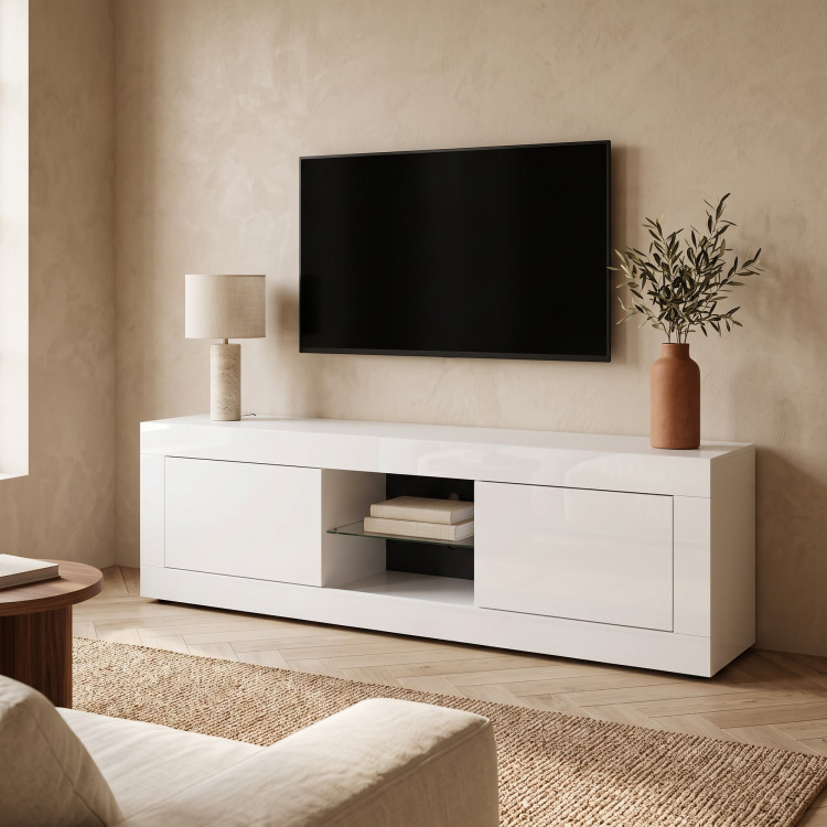 Meuble TV moderne 181 cm laqué blanc brillant Agathe