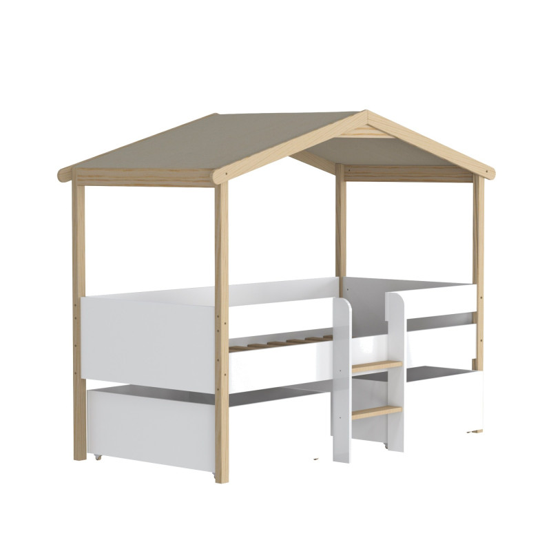 Lit cabane Perchoir avec son toit en toile, son échelle et ses deux tiroirs