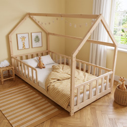 Lit cabane enfant épicéa massif naturel avec barrière Nichoir
