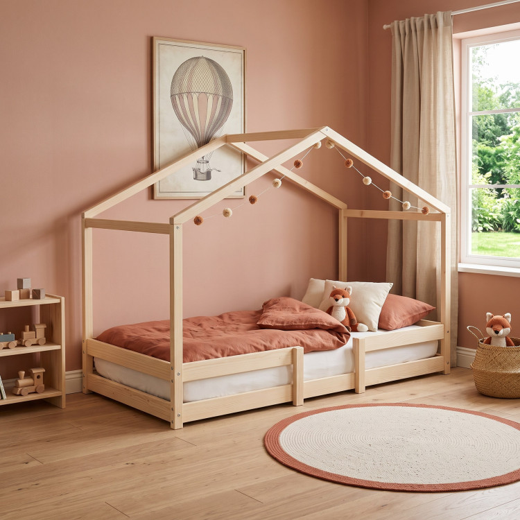 Lit cabane maison enfant épicéa massif naturel avec sommier Mansarde