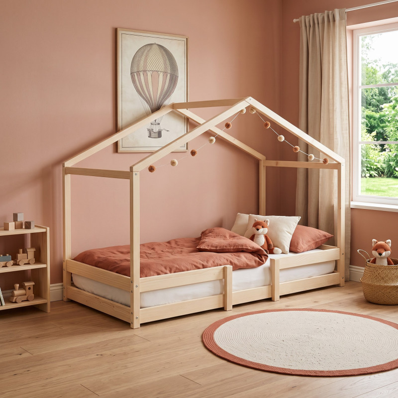Lit cabane maison enfant épicéa massif naturel avec sommier Mansarde