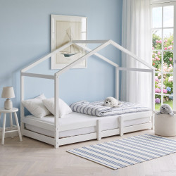 Lit cabane maison enfant épicéa massif blanc avec sommier Mansarde