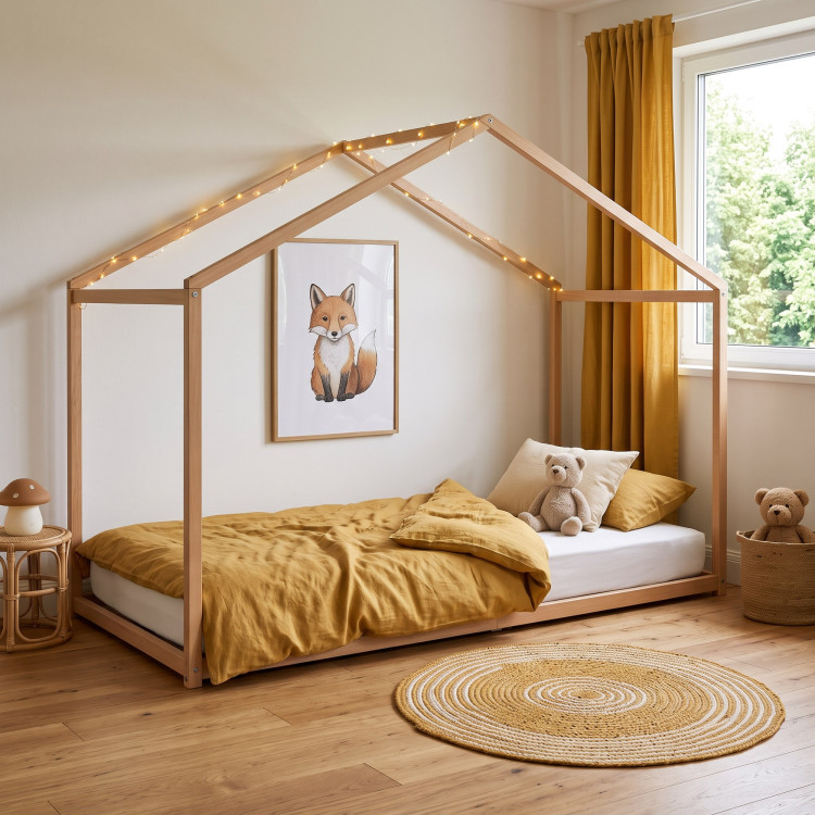 Lit cabane enfant bois massif naturel avec sommier Pignon