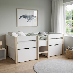 Lit mi-hauteur enfant blanc et bois avec 2 grands tiroirs Belvédère