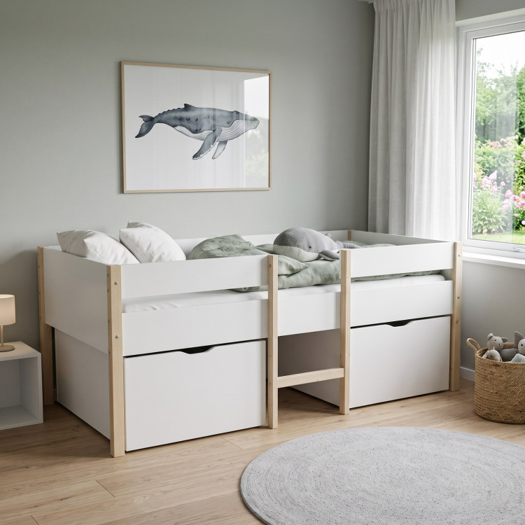 Lit mi-hauteur enfant blanc et bois avec 2 grands tiroirs Belvédère
