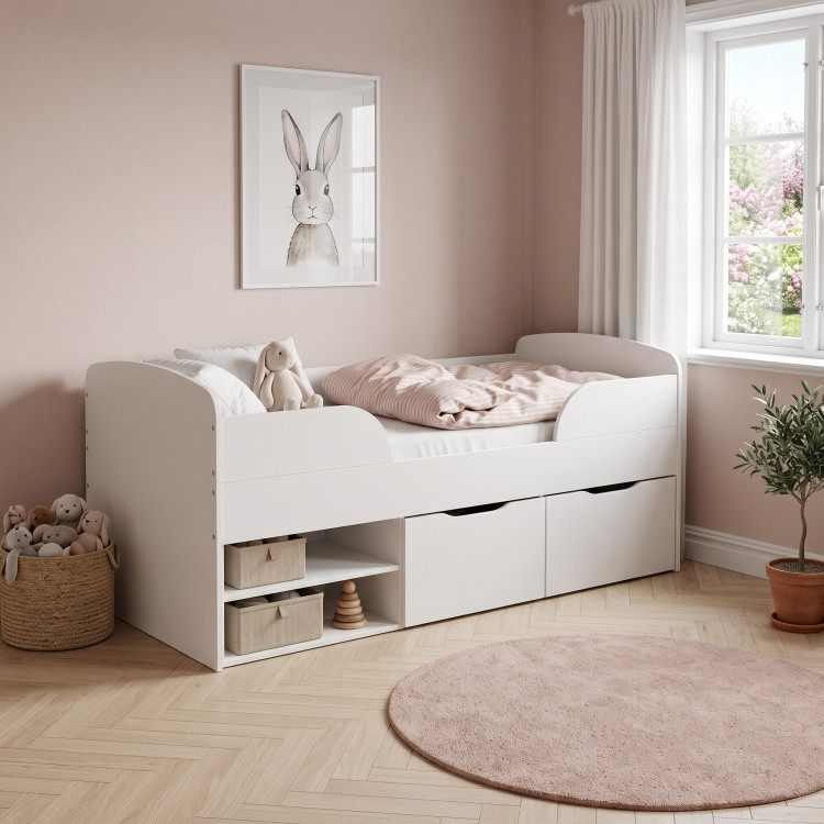 Lit mi-hauteur enfant blanc avec rangements et tiroir Escale