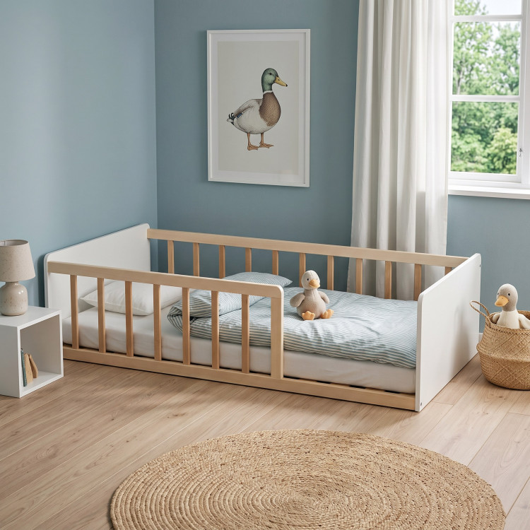 Lit enfant 70x140 blanc et bois avec barrière Ruisseau